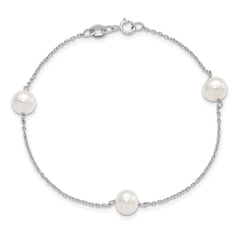 Sterling Silver Rhodium-plated 7-8mm White Semi-Round Freshwater Cultured Pearl 3-Station 7.5 inch Bracelet QH5236-7.5