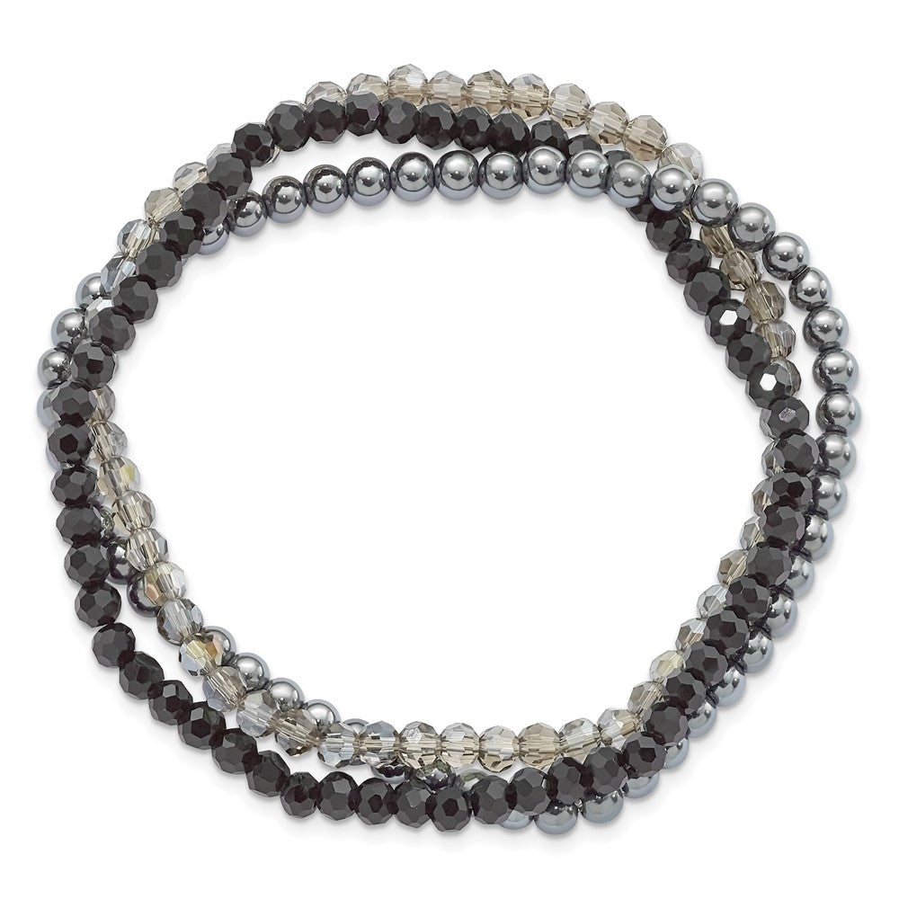 Sterling Silver Black and Smoky Crystal, Hematite 3pce Stretch Bracelet QH5301