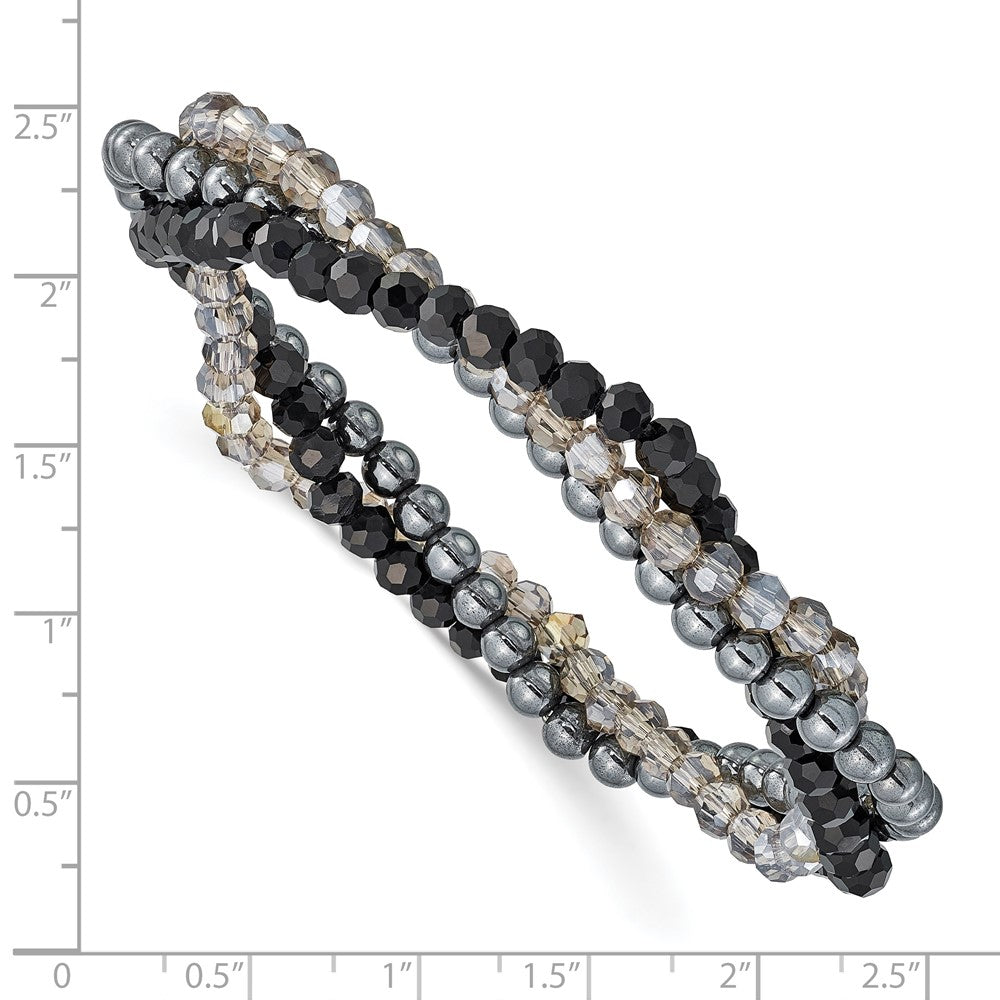 Sterling Silver Black and Smoky Crystal, Hematite 3pce Stretch Bracelet QH5301