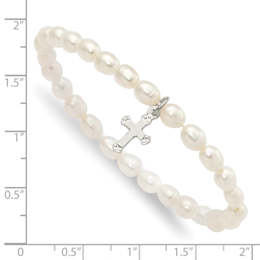Sterling Silver Polished FWC Pearl & Cross Children's Stretch Bracelet QH5323