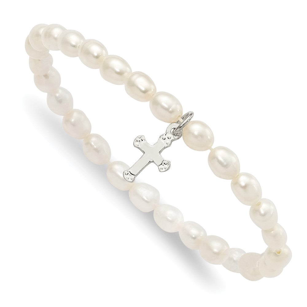 Sterling Silver Polished FWC Pearl & Cross Children's Stretch Bracelet QH5323