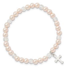 Sterling Silver Pink Shell Bead & Crystal Cross Children's Stretch Bracelet QH5324