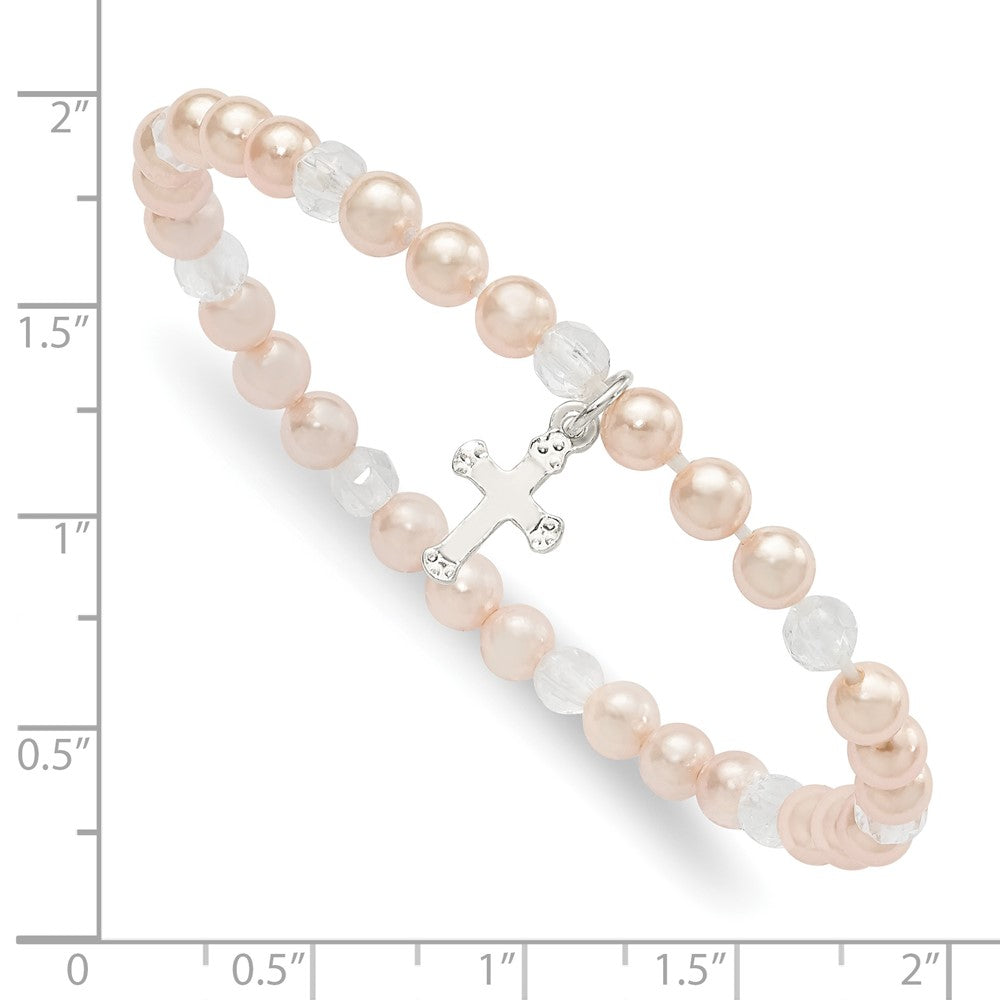 Sterling Silver Pink Shell Bead & Crystal Cross Children's Stretch Bracelet QH5324