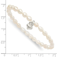 Sterling Silver Polished FWC Pearl & Heart Children's Stretch Bracelet QH5325