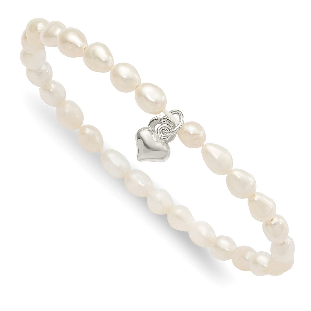 Sterling Silver Polished FWC Pearl & Heart Children's Stretch Bracelet QH5325