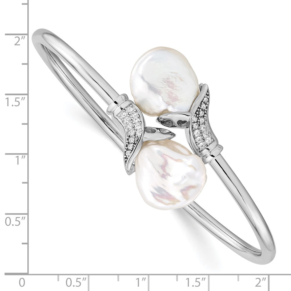 Sterling Silver Rhodium-plated 16-17mm White Keshi Freshwater Cultured Pearl and CZ Flexible Bangle QH5360