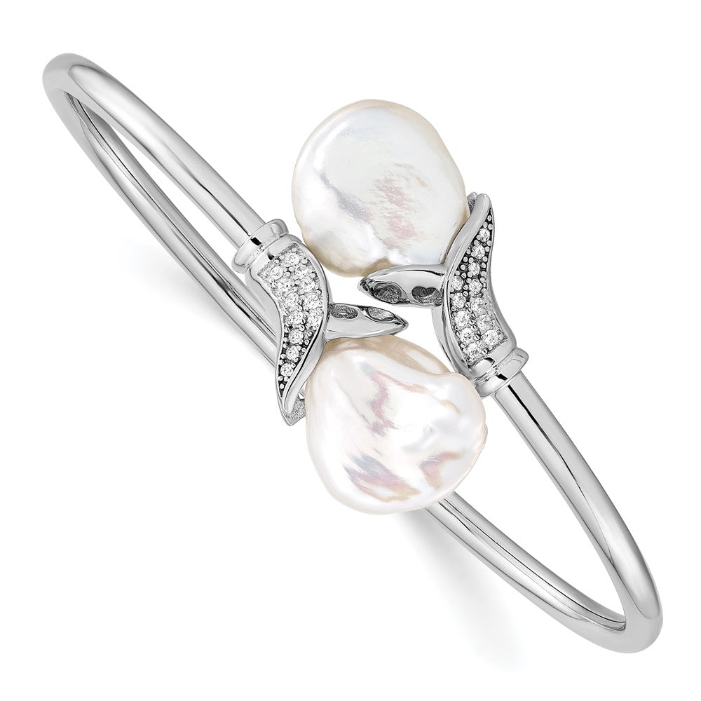 Sterling Silver Rhodium-plated 16-17mm White Keshi Freshwater Cultured Pearl and CZ Flexible Bangle QH5360