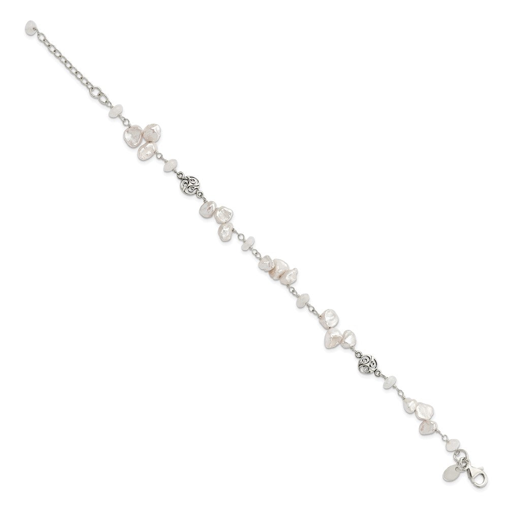 Sterling Silver FWC Keshi Pearl w/Moonstone 1in Ext. Fancy Bracelet QH5361-7.5