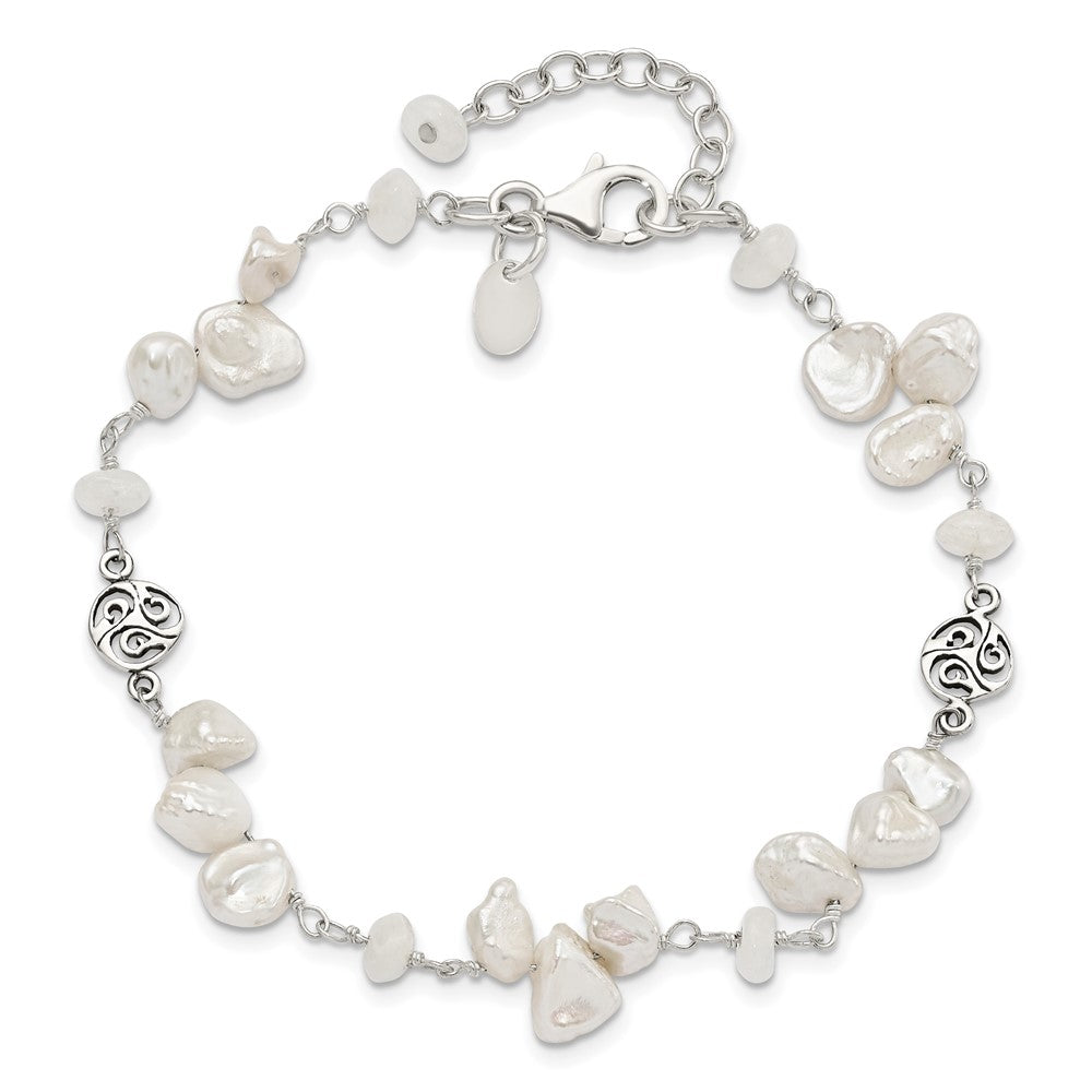 Sterling Silver FWC Keshi Pearl w/Moonstone 1in Ext. Fancy Bracelet QH5361-7.5
