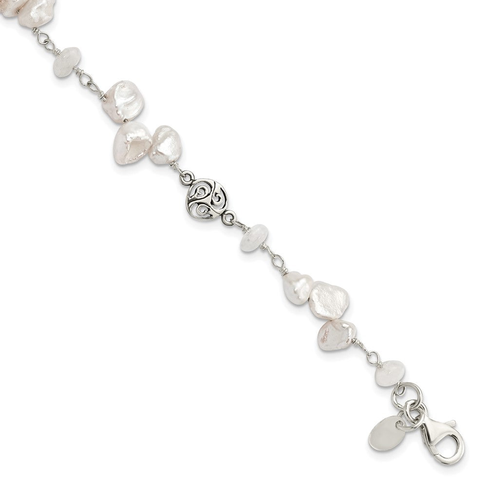 Sterling Silver FWC Keshi Pearl w/Moonstone 1in Ext. Fancy Bracelet QH5361-7.5