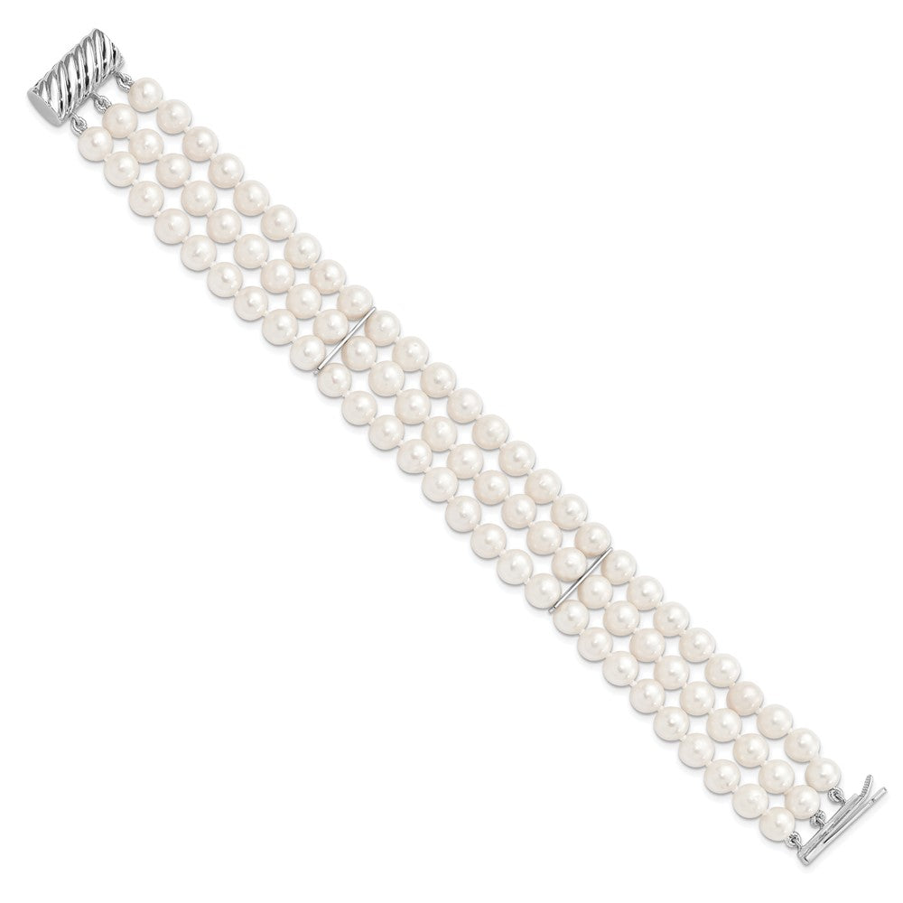 Sterling Silver Rhodium-plated 6-7mm White Near-Round Freshwater Cultured Pearl 3-Strand 7.5 inch Bracelet QH5365-7.5