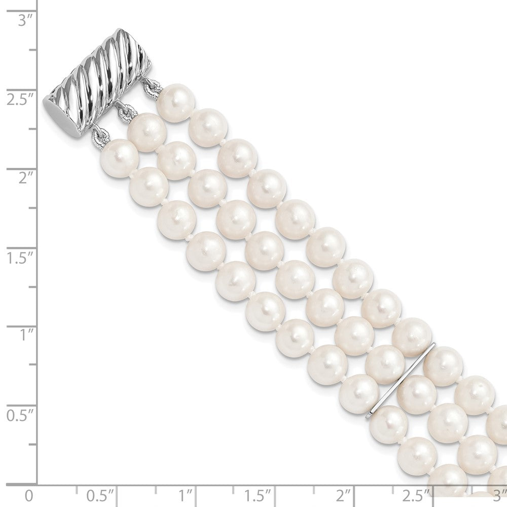 Sterling Silver Rhodium-plated 6-7mm White Near-Round Freshwater Cultured Pearl 3-Strand 7.5 inch Bracelet QH5365-7.5