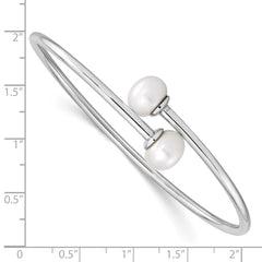 Sterling Silver Rhodium-plated 9-10mm White Freshwater Cultured Pearl Flexible Cuff Bangle QH5368