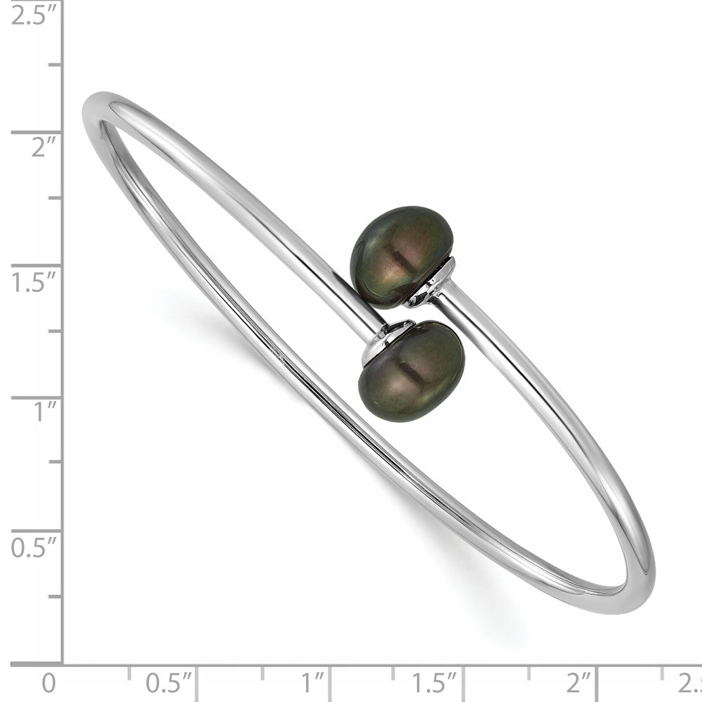 Sterling Silver Rhodium-plated 9-10mm Black Button Freshwater Cultured Pearl Flexible Bangle QH5368B