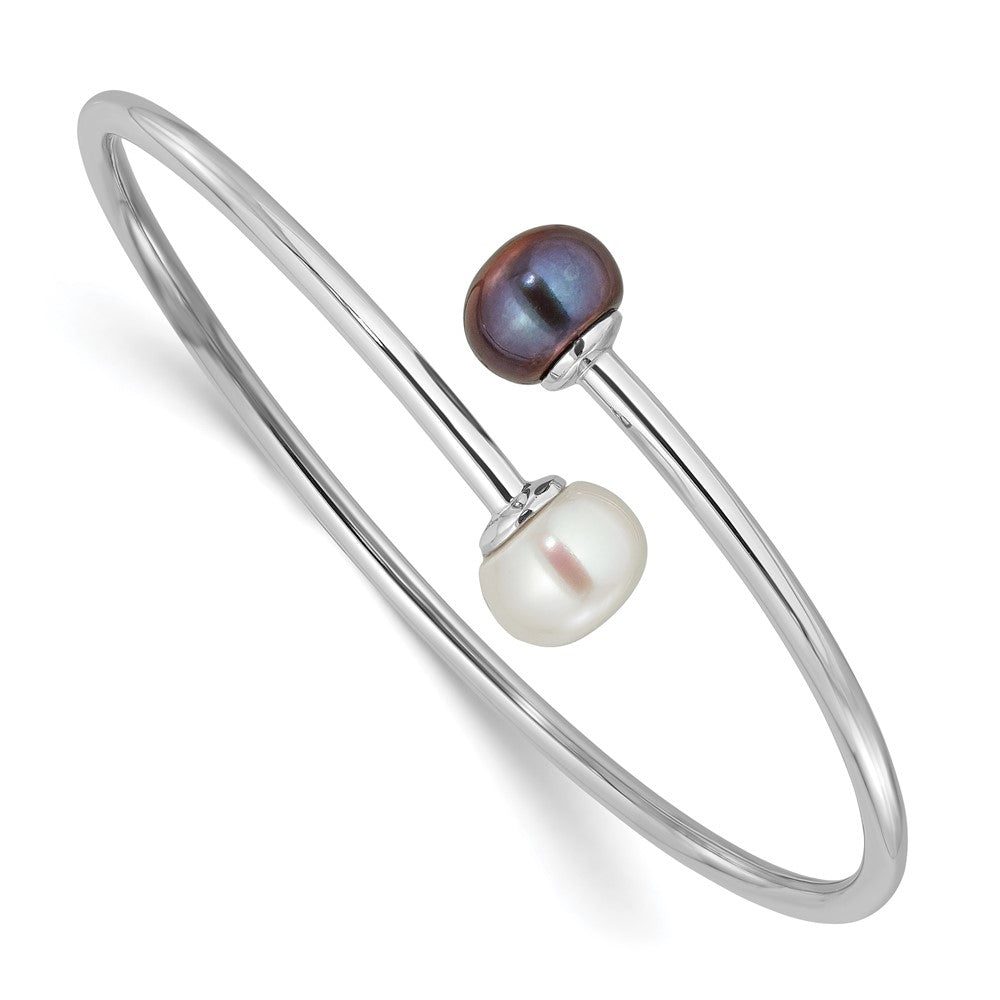 Sterling Silver Rhodium-plated 9-10mm Black and White Freshwater Cultured Pearl Flexible Cuff Bangle QH5368BW