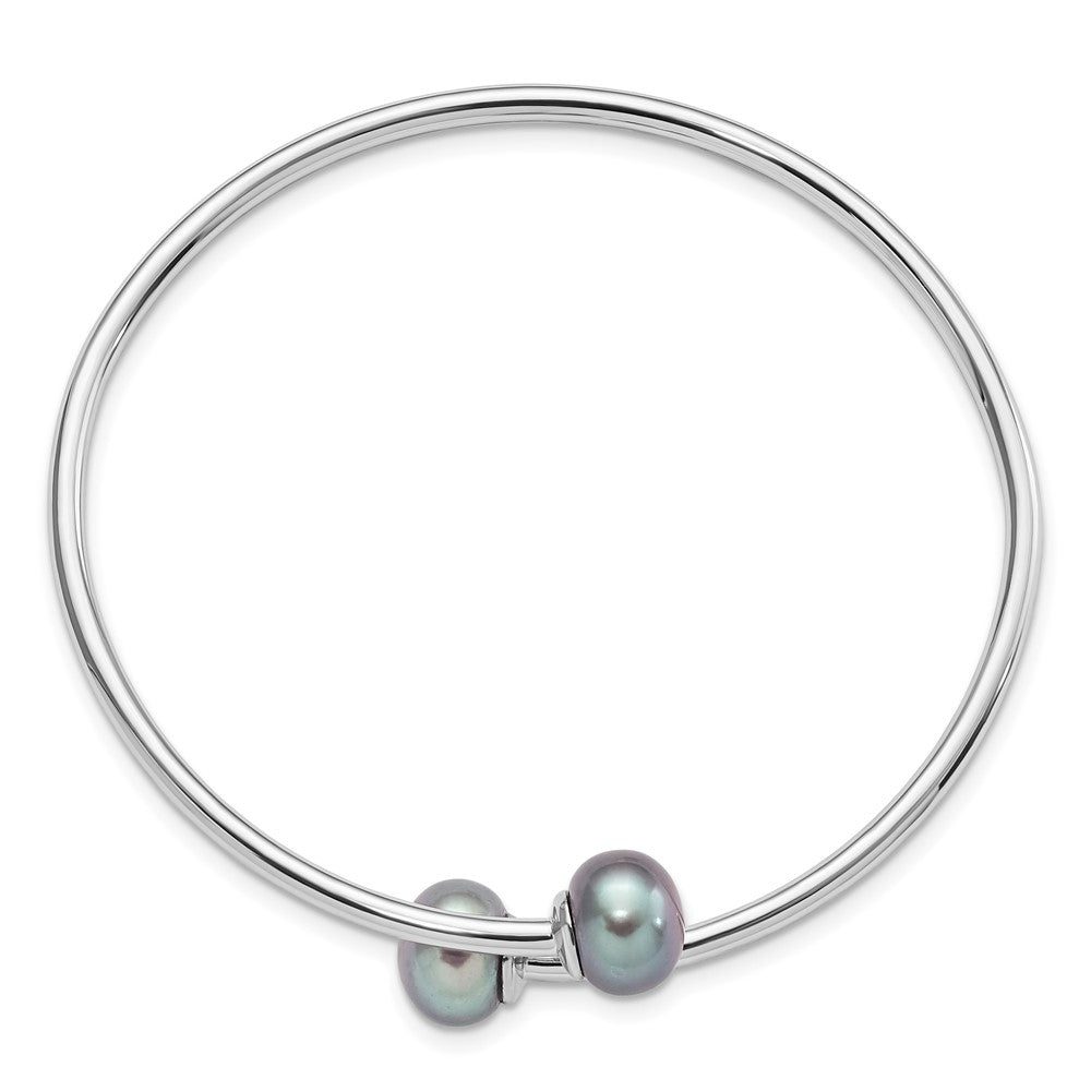 Sterling Silver Rhodium-plated 9-10mm Grey Button Freshwater Cultured Pearl Flexible Cuff Bangle QH5368G