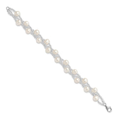Sterling Silver Rhodium-plated 7-9mm White Semi-Round Freshwater Cultured Pearl and Glass Beaded Multi-strand 7.5 inch Bracelet QH5395-7.5