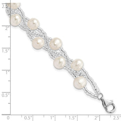 Sterling Silver Rhodium-plated 7-9mm White Semi-Round Freshwater Cultured Pearl and Glass Beaded Multi-strand 7.5 inch Bracelet QH5395-7.5