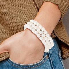 6-7mm White Button Freshwater Cultured Pearl and Glass Beaded 3-row Stretch Bracelet QH5396