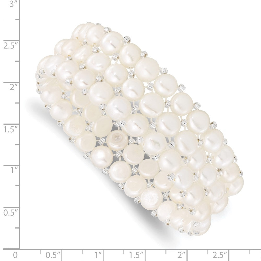 6-7mm White Button Freshwater Cultured Pearl and Glass Beaded 3-row Stretch Bracelet QH5396