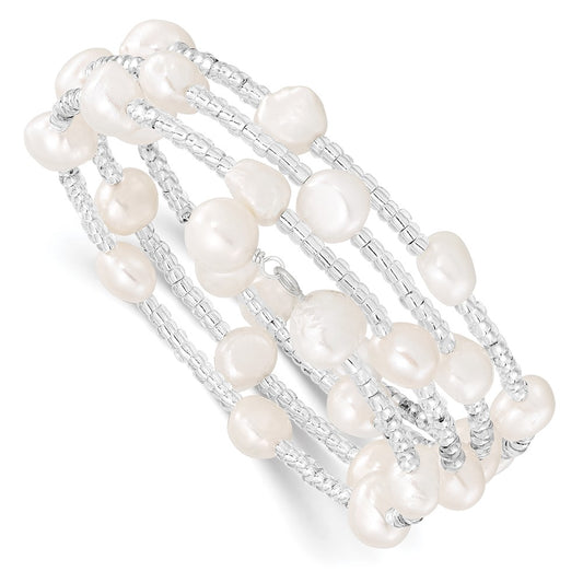 7-8mm White Baroque Freshwater Cultured Pearl and Glass Beaded Wrap Bracelet QH5397