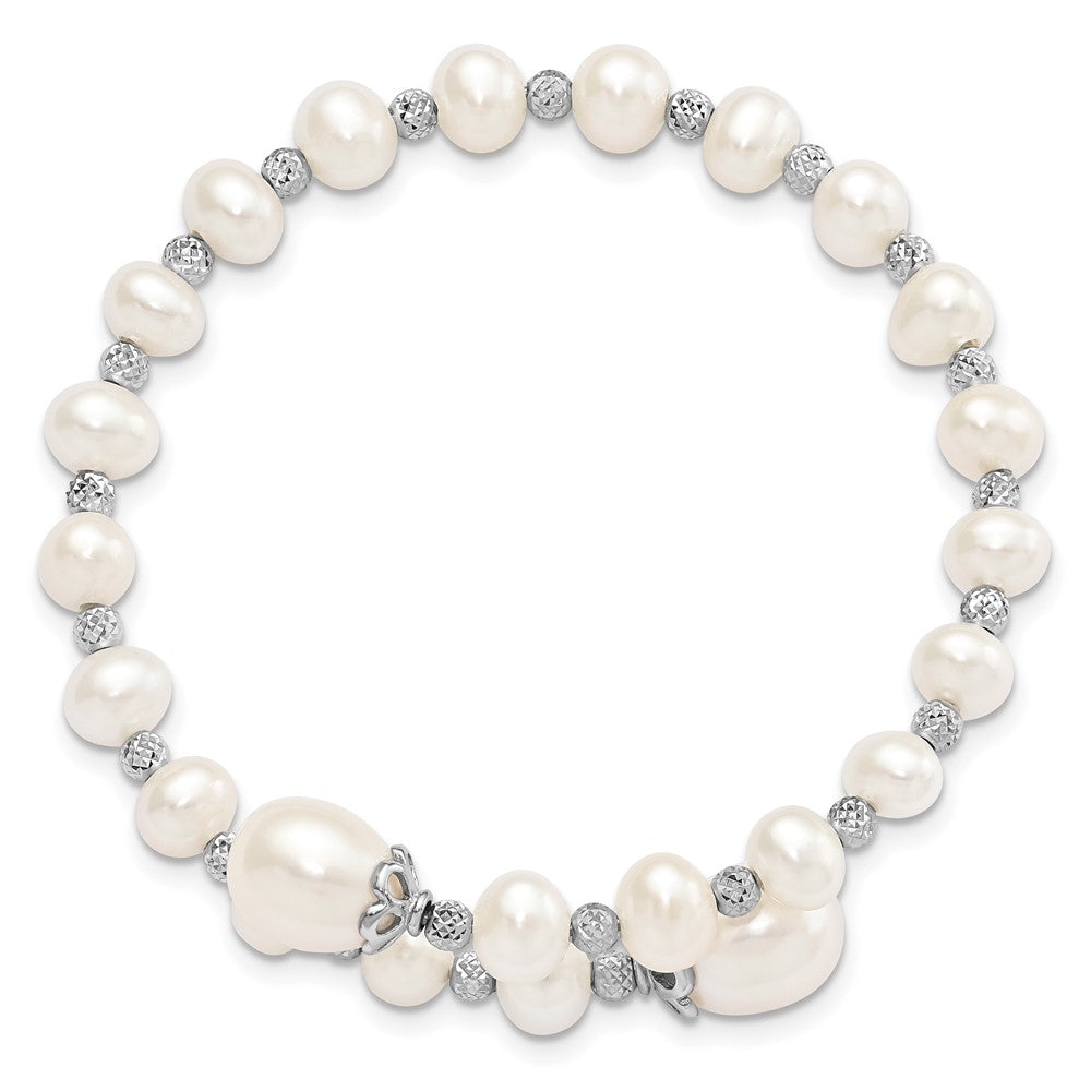 Sterling Silver Rhodium-plated 6-9mm White Teardrop and Near-Round Freshwater Cultured Pearl with Diamond-cut Beaded Wrap Flexible Bangle QH5413