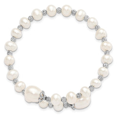 Sterling Silver Rhodium-plated 6-9mm White Teardrop and Near-Round Freshwater Cultured Pearl with Diamond-cut Beaded Wrap Flexible Bangle QH5413