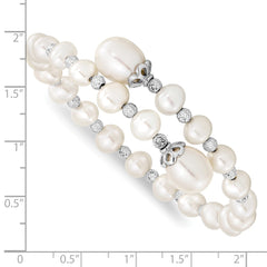Sterling Silver Rhodium-plated 6-9mm White Teardrop and Near-Round Freshwater Cultured Pearl with Diamond-cut Beaded Wrap Flexible Bangle QH5413