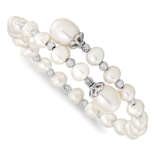 Sterling Silver Rhodium-plated 6-9mm White Teardrop and Near-Round Freshwater Cultured Pearl with Diamond-cut Beaded Wrap Flexible Bangle QH5413