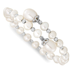 Sterling Silver Rhodium-plated 6-9mm White Teardrop and Near-Round Freshwater Cultured Pearl with Diamond-cut Beaded Wrap Flexible Bangle QH5413