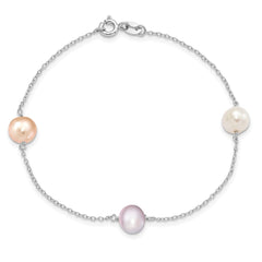 Sterling Silver Rhodium-plated 7-8mm White, Pink and Purple Semi-Round Freshwater Cultured Pearl 3-Station 7.5 inch Bracelet QH5419-7.5