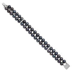 Sterling Silver Rhodium-plated 7-8mm Black Near-Round Freshwater Cultured Pearl and CZ 2-strand 7.5 inch Bracelet QH5420-7.5