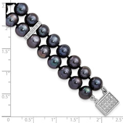 Sterling Silver Rhodium-plated 7-8mm Black Near-Round Freshwater Cultured Pearl and CZ 2-strand 7.5 inch Bracelet QH5420-7.5