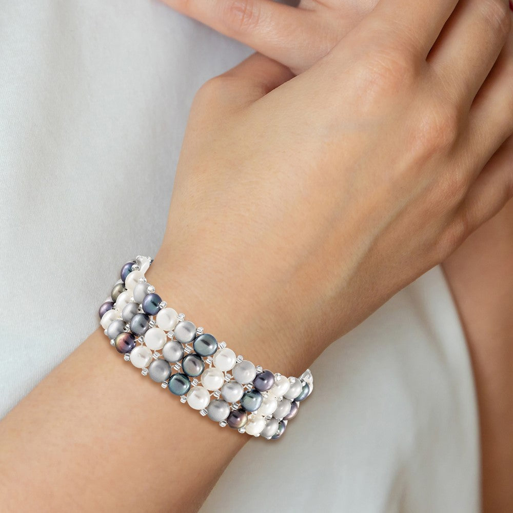 6-7mm Button Black, Grey and White Freshwater Cultured Pearl and Glass Beaded 3-row Stretch Bracelet QH5424