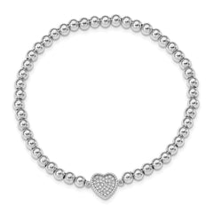 Sterling Silver Rhodium-plated Polished Beaded CZ Heart Stretch Bracelet QH5453