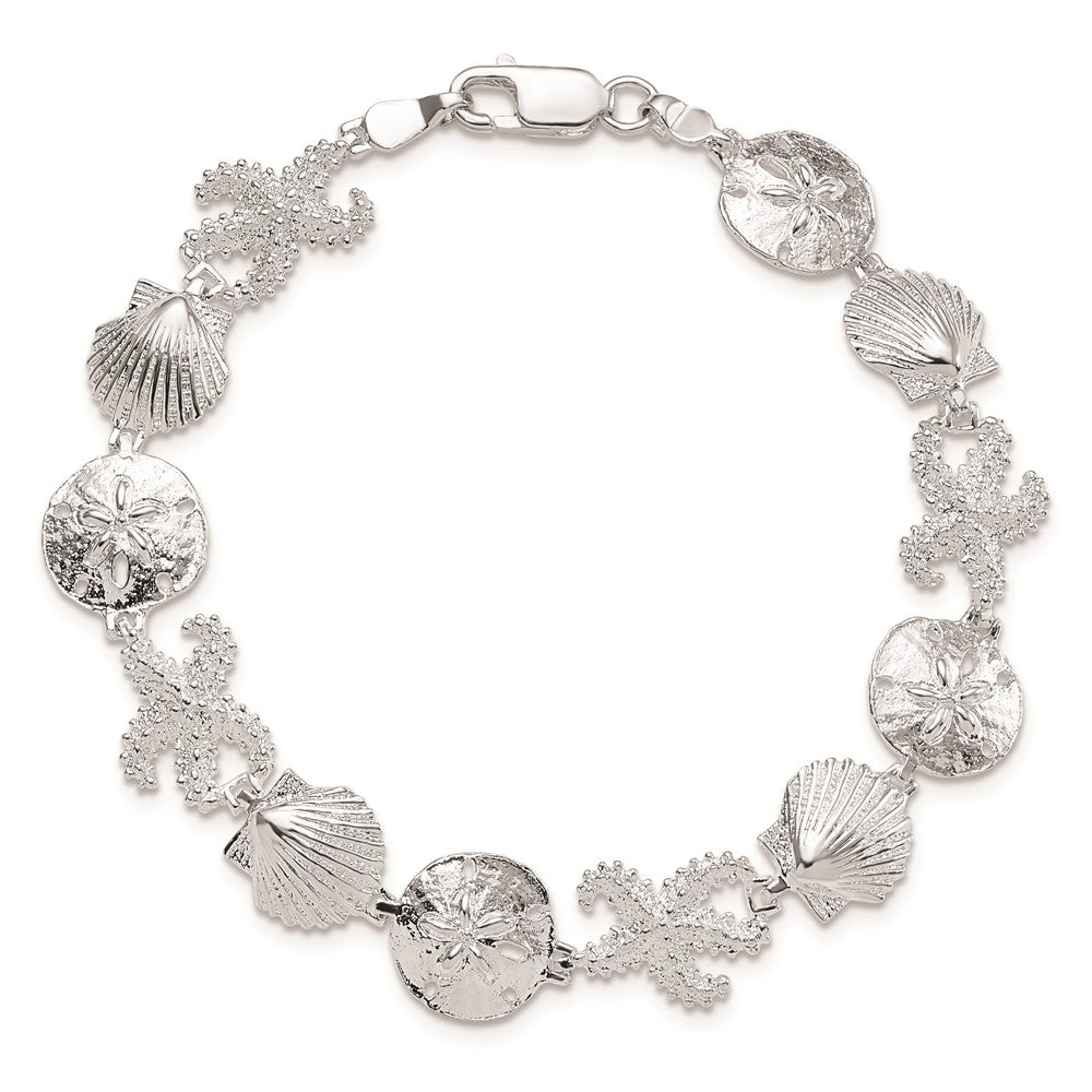 De-Ani Sterling Silver Rhodium-Plated Polished Starfish / Shell / Sand Dollar Bracelet QH5570-7.25