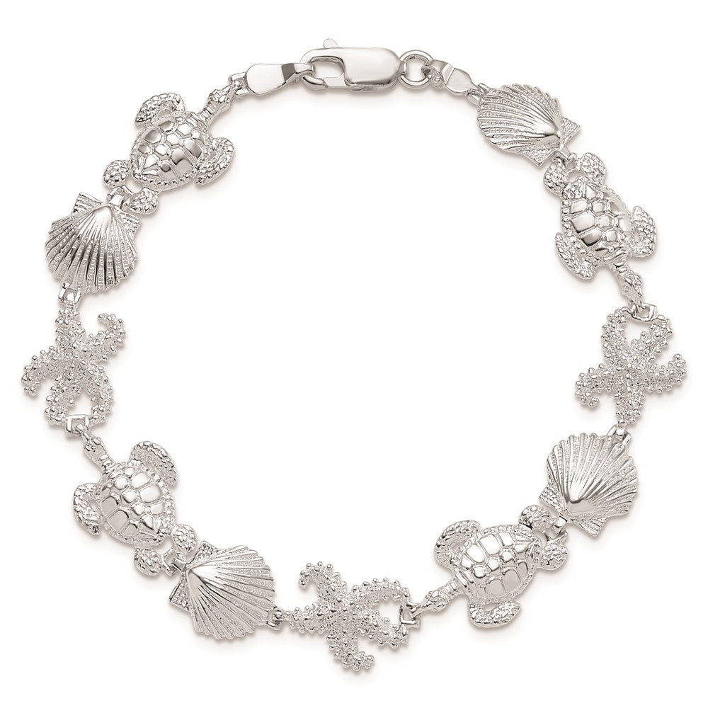 De-Ani Sterling Silver Rhodium-Plated Polished Turtle / Shell / Starfish Bracelet QH5576-7.5