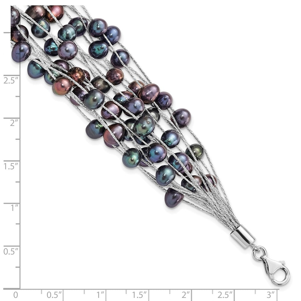 Sterling Silver Rhodium-plated 6-7mm Black Semi-Round Freshwater Cultured Pearl Multi Strand 7.5 inch Bracelet QH5632-7.5