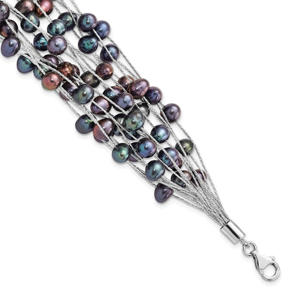 Sterling Silver Rhodium-plated 6-7mm Black Semi-Round Freshwater Cultured Pearl Multi Strand 7.5 inch Bracelet QH5632-7.5