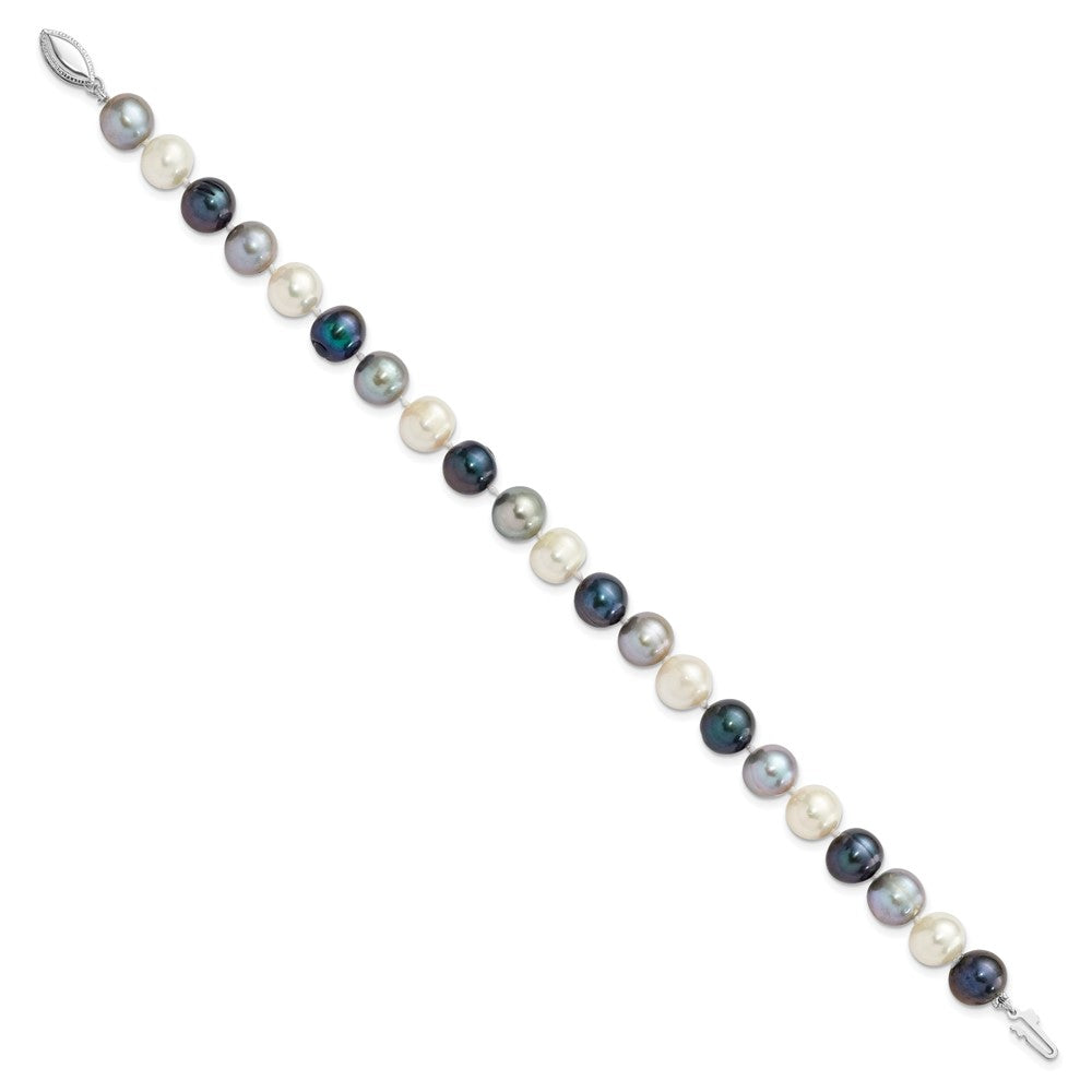 Sterling Silver Rhodium-plated 8-9mm Black, Green and White Semi-Round Freshwater Cultured Pearl 7.5 inch Bracelet QH5633-7.5
