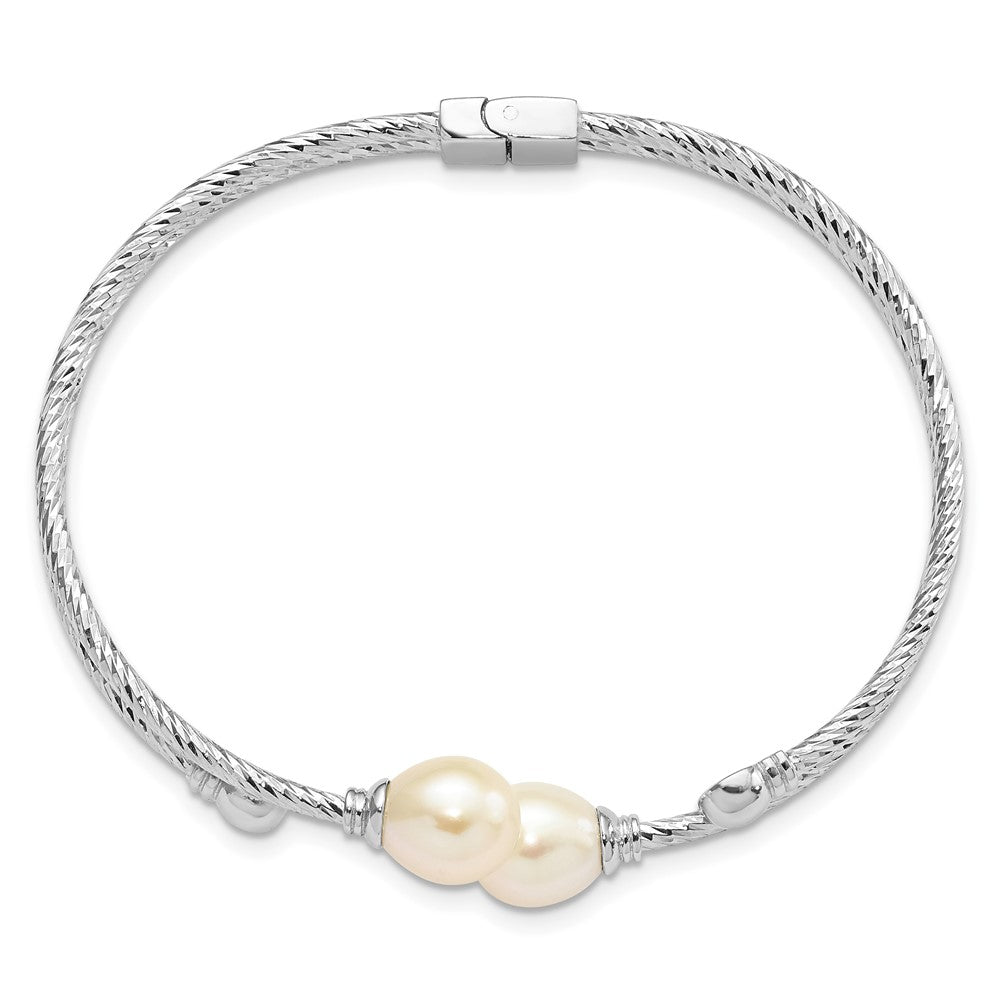 Sterling Silver Rhodium-plated White 8x10mm Teardrop Freshwater Cultured Pearl Hinged Bangle QH5644