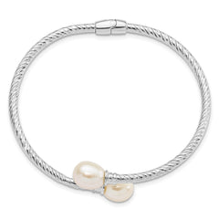 Sterling Silver Rhodium-plated 8-9mm White Rice Freshwater Cultured Pearl Hinged Bangle QH5645
