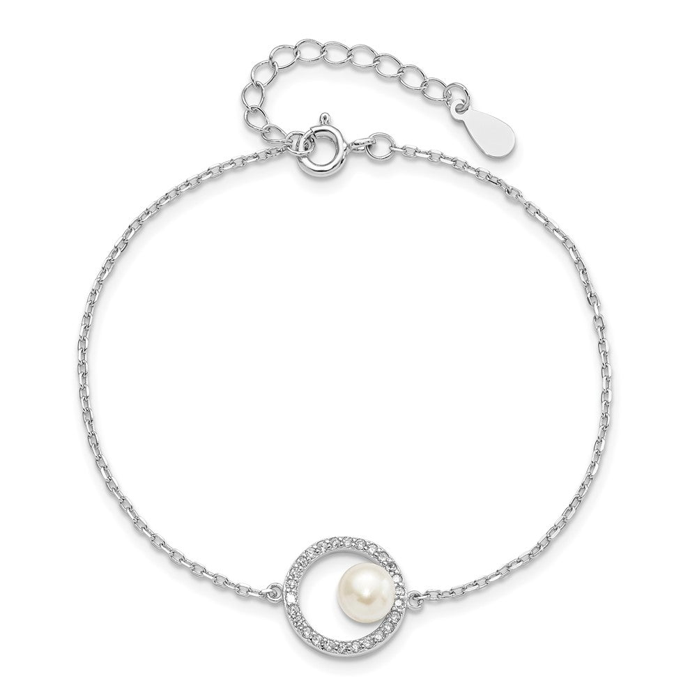Sterling Silver Rhodium-plated 6-7mm White Button Freshwater Cultured Pearl and CZ 6.5 inch with 1.25 inch Extension Bracelet QH5652-6.5