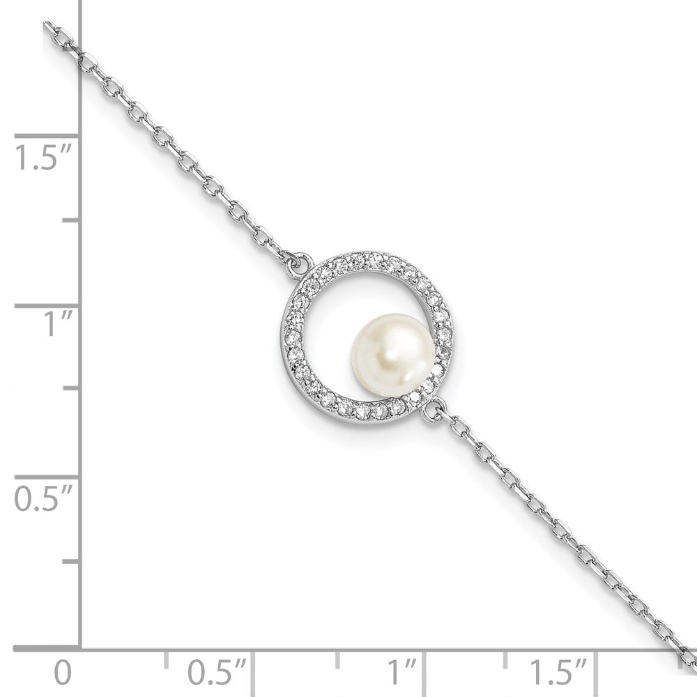 Sterling Silver Rhodium-plated 6-7mm White Button Freshwater Cultured Pearl and CZ 6.5 inch with 1.25 inch Extension Bracelet QH5652-6.5