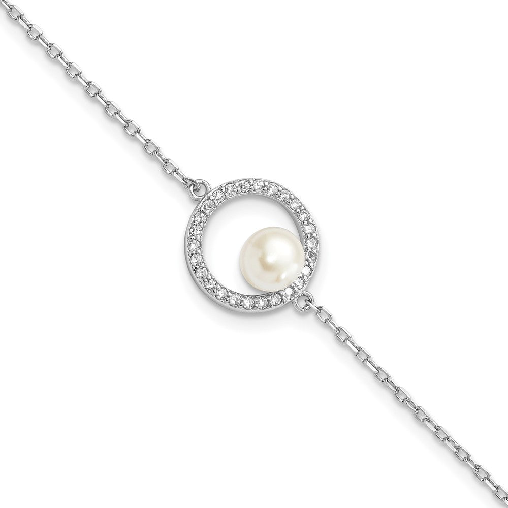Sterling Silver Rhodium-plated 6-7mm White Button Freshwater Cultured Pearl and CZ 6.5 inch with 1.25 inch Extension Bracelet QH5652-6.5