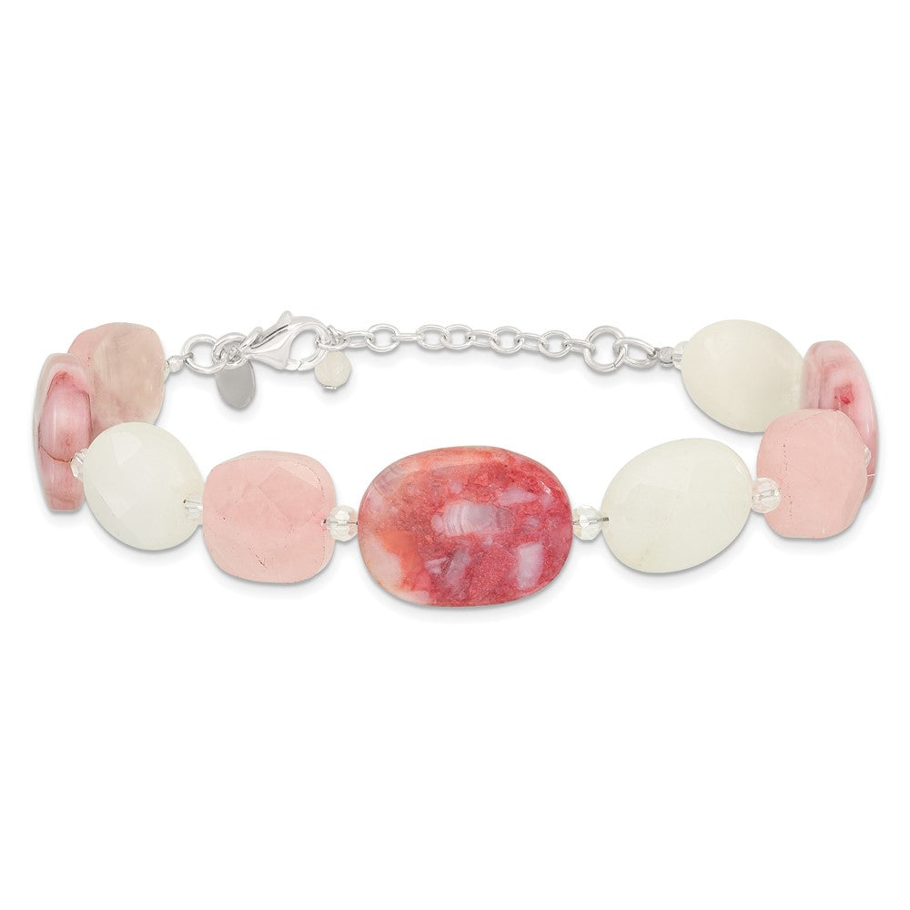 Sterling Silver Pink Agate/Quartz, Jade, Crystal w/1in ext Bracelet QH5669-7.75