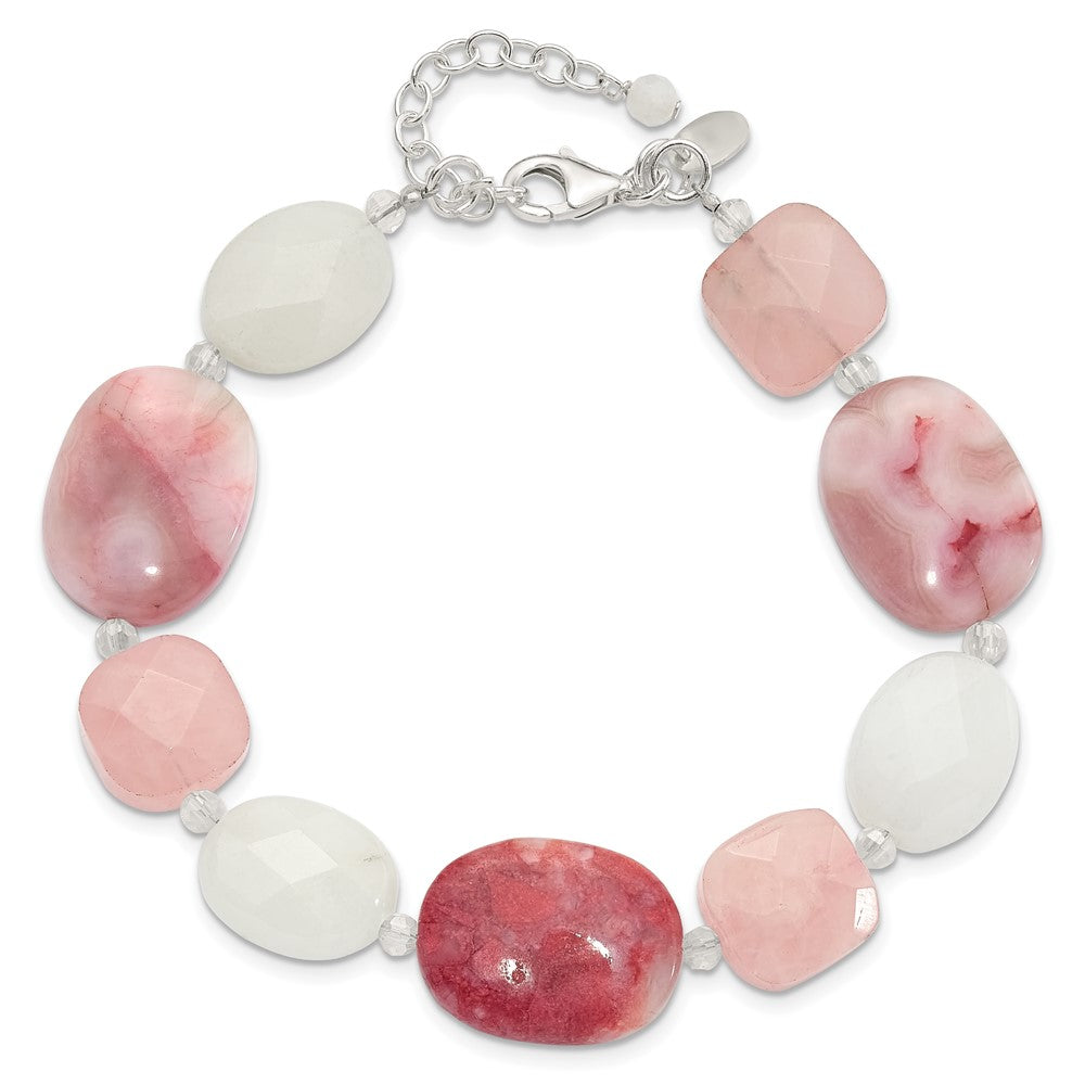 Sterling Silver Pink Agate/Quartz, Jade, Crystal w/1in ext Bracelet QH5669-7.75