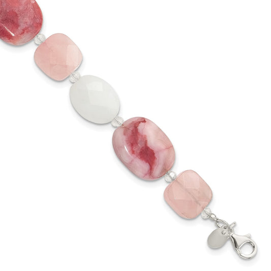 Sterling Silver Pink Agate/Quartz, Jade, Crystal w/1in ext Bracelet QH5669-7.75