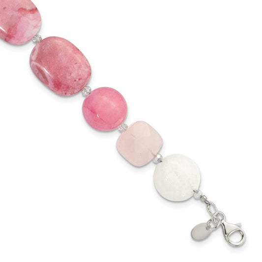 Sterling Silver Pink Agate, Pink/Jade/Rose Quartz/Crystal Bracelet QH5670-8.5