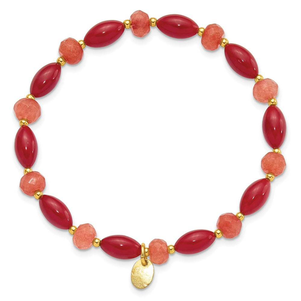 Sterling Silver Gold-plated Coral and Jade Beaded Stretch Bracelet QH5685